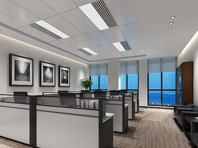 Modern Public Office Space With Office Cubicles Large Windows And Framed Artworks 3d model
