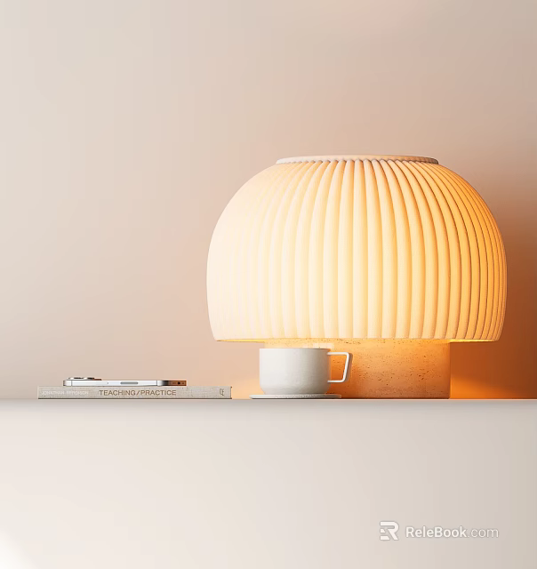 Modern Table Lamp With Ribbed Dome Shade Warm Yellow Light And White Mug On Table 3d model 