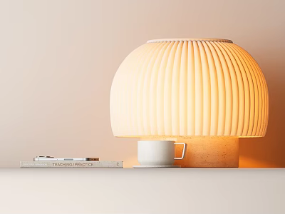 Modern Table Lamp With Ribbed Dome Shade Warm Yellow Light And White Mug On Table 3d model