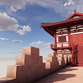 Ancient Chinese Traditional Red Watchtower With City Wall Classic Roof And Blue Sky