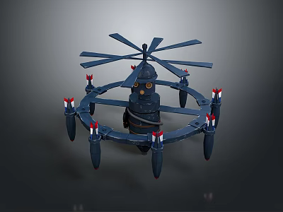 Realistic Multirotor Drone 3D Model With Circular Frame Multiple Propellers And Red Thrusters 3d model