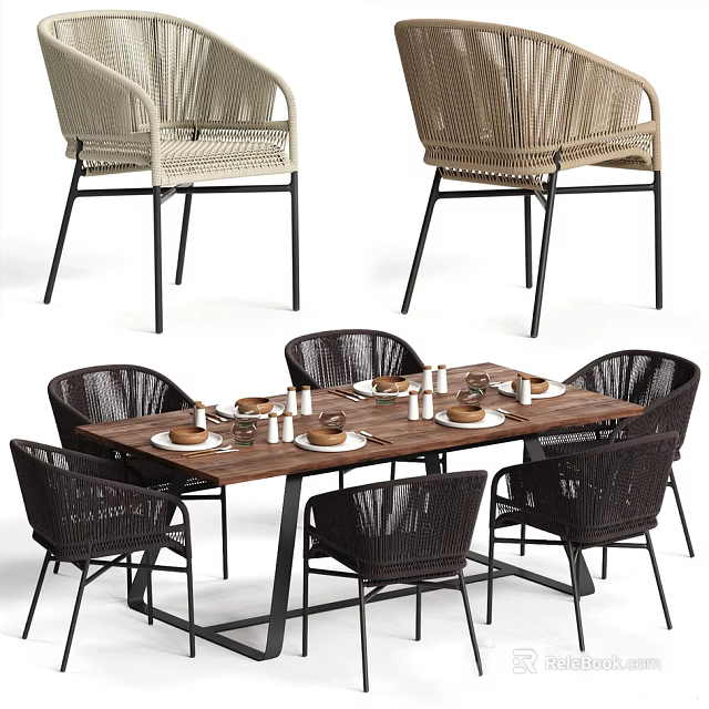 Modern Dining Table Set With Wooden Top And Rattan Back Metal Leg Chairs 3d model 
