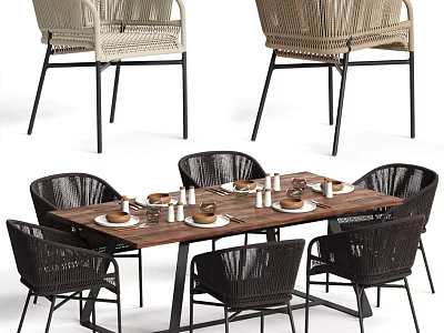 Modern Dining Table Set With Wooden Top And Rattan Back Metal Leg Chairs 3d model
