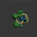 Treehouse Structure With Green Leafy Canopy Blue Pointed Roofs And Tree Trunk Base