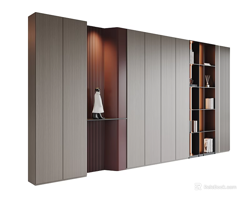 Modern Bookcase With Grey And Brown Panels Open Shelves And Decorative Items 3d model 