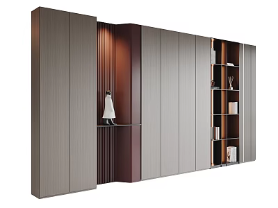 Modern Bookcase With Grey And Brown Panels Open Shelves And Decorative Items 3d model
