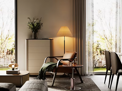 Comfortable Single Chair In Living Room With Large Windows Wooden Legs And Soft Cushion 3d model