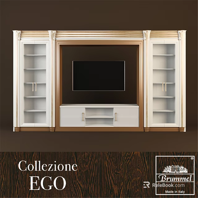 Elegant Classical TV Wall Design With White Cabinets Central TV And Gold Accent Frames 3d model 