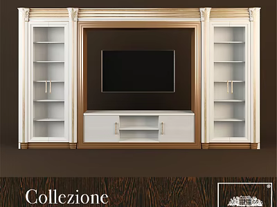 Elegant Classical TV Wall Design With White Cabinets Central TV And Gold Accent Frames 3d model