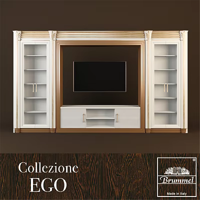 Elegant Classical TV Wall Design With White Cabinets Central TV And Gold Accent Frames 3d model