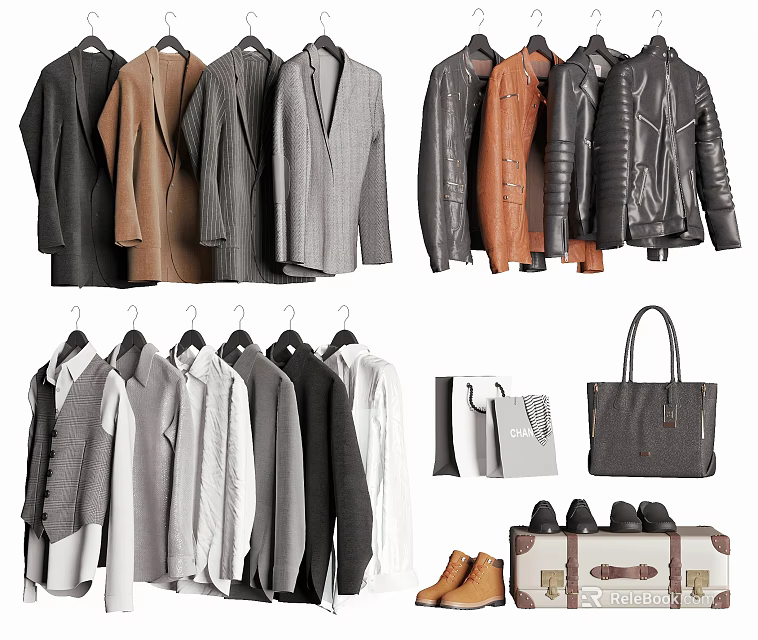Clothes Collection Featuring Various Coats Shirts Sweaters Vests With Matching Bags Shoes And Luggage 3d model 