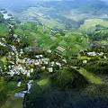 Birds Eye View Planning of Rural Village with Green Fields and Mountain Landscape
