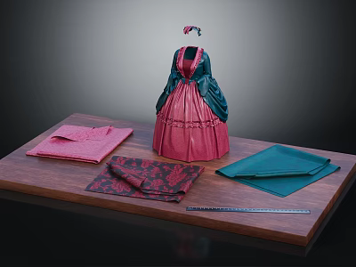 Vintage Pink And Green Dress With Floral Patterned Fabrics On Wooden Platform 3d model