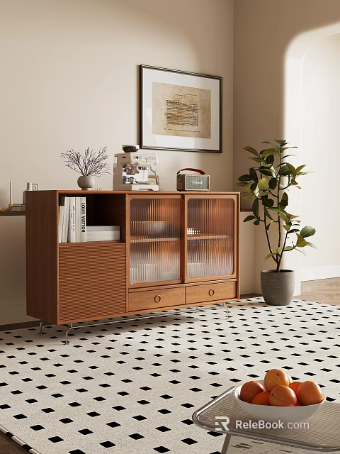 Walnut Entryway Cabinet Sideboard With Glass Doors Drawers Vintage Decor And Potted Plant 3d model 