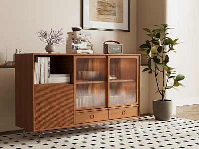Walnut Entryway Cabinet Sideboard With Glass Doors Drawers Vintage Decor And Potted Plant 3d model