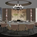 Elegant Private Dining Room With Round Table Chandelier Decorative Painting And Shelves