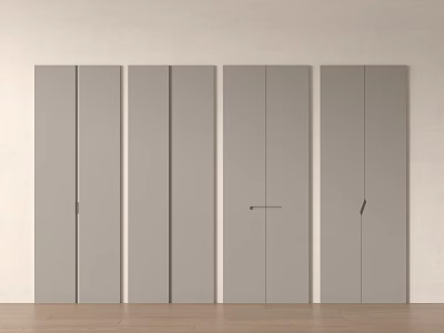 Grey Wardrobe Doors Arranged Side by Side Against White Wall With Wooden Floor 3d model
