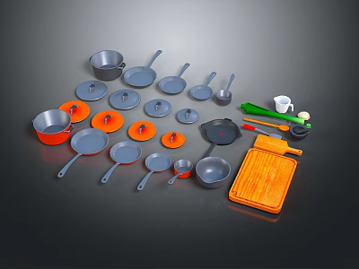 Colorful Cooking Utensils Set With Pots Pans Cutting Board And Kitchen Tools 3d model