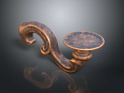 Copper Candlestick With Curved Handle And Round Tray On Dark Reflective Surface 3d model