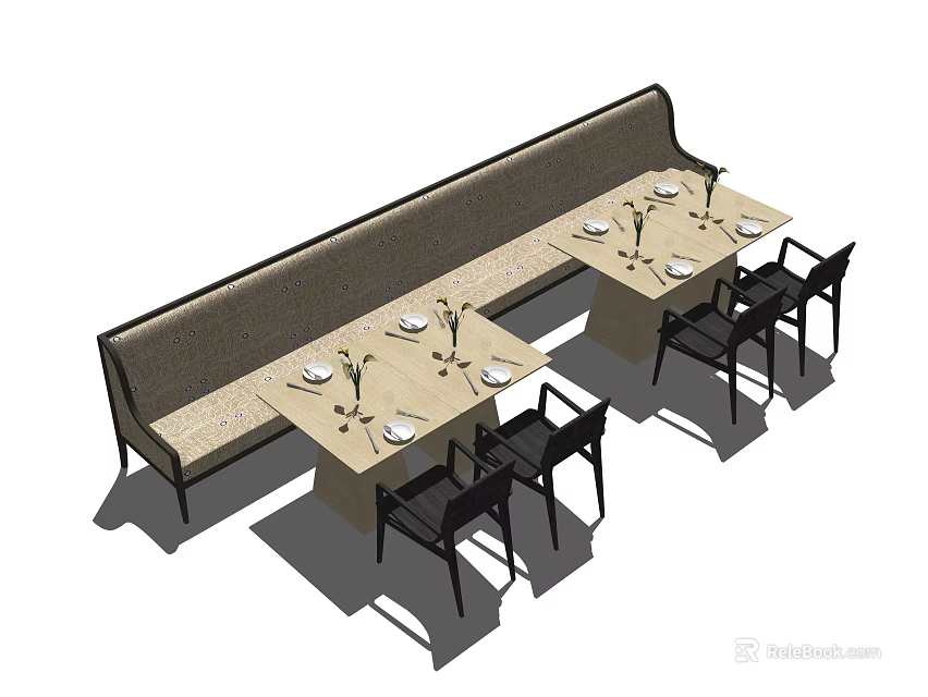 Public Banquette Seating With Dining Tables Table Settings And Black Chairs 3d model