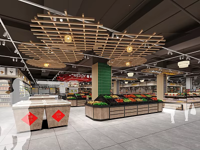 Spacious Modern Supermarket Interior With Organized Fresh Produce Displays Shelves And Lighting 3d model