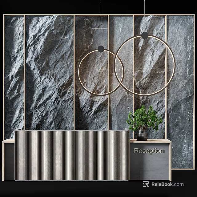 Modern Reception Desk With Striped Design Green Plant And Gold Rings On Gray Stone Wall 3d model 