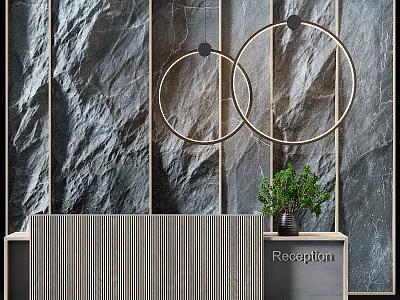 Modern Reception Desk With Striped Design Green Plant And Gold Rings On Gray Stone Wall 3d model