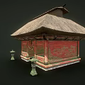 Traditional Japanese Shrine Building With Thatched Roof Red Wooden Structure And Stone Lanterns