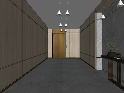 Elevator Hallway Interior With Wooden Marble Walls Gray Flooring And Pendant Lights 3d model