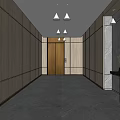 Elevator Hallway Interior With Wooden Marble Walls Gray Flooring And Pendant Lights
