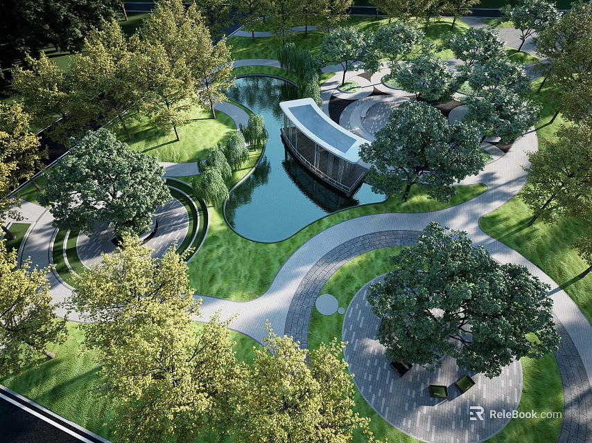 Beautiful Park Landscape With Lush Trees Curved Walkways Pond Green Lawns And Pavilion 3d model 