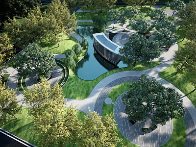 Beautiful Park Landscape With Lush Trees Curved Walkways Pond Green Lawns And Pavilion 3d model