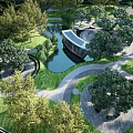Beautiful Park Landscape With Lush Trees Curved Walkways Pond Green Lawns And Pavilion