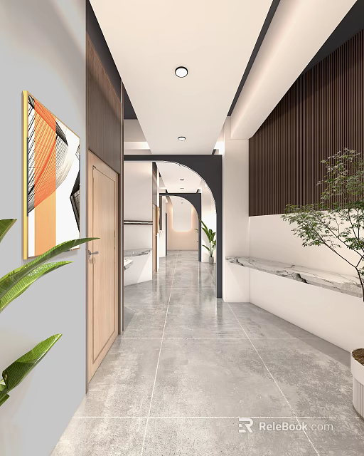Modern Elevator Hallway Interior With Decorative Painting Plants Marble Accents And Tile Floor 3d model 