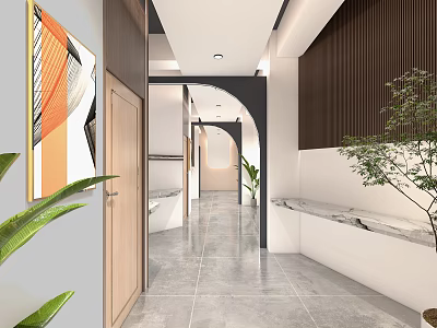 Modern Elevator Hallway Interior With Decorative Painting Plants Marble Accents And Tile Floor 3d model