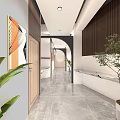 Modern Elevator Hallway Interior With Decorative Painting Plants Marble Accents And Tile Floor