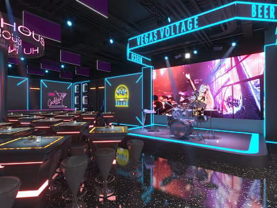 Modern Jeans Lounge Bar With Live Band Stage Purple Blue Lighting And Tables 3d model