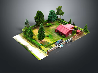 Detailed 3D Garden Model Featuring Red Roof House Car Trees Lawn And Fence 3d model