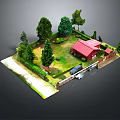Detailed 3D Garden Model Featuring Red Roof House Car Trees Lawn And Fence