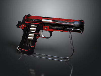 Modern Red And Black Pistol With Metallic Stand And Detailed Grip Design 3d model