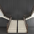 Modern Staircase Design With White Steps Black Gold Railings Dark Walls And Wooden Flooring