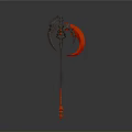 Ornate Gothic Weapon with Long Handle and Red Crescent Blade Metallic Structure and Decorative Details