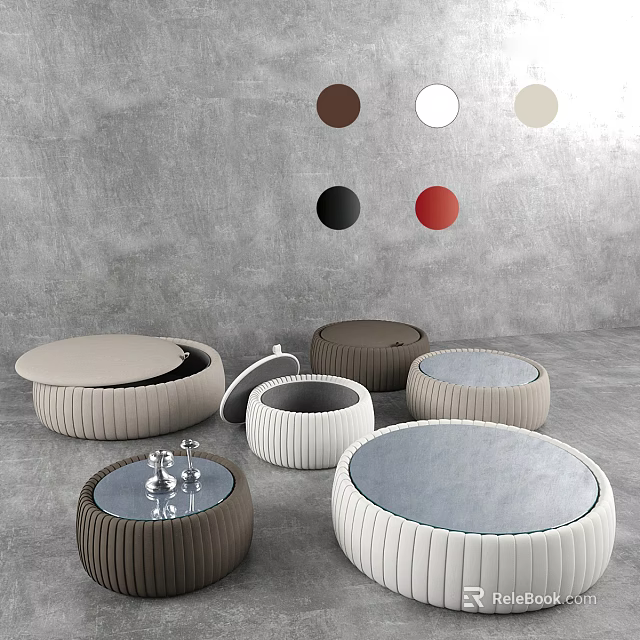 Upholstered Circular Ottoman Stools With Ribbed Design In Multiple Colors For Living Room 3d model 