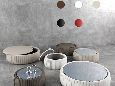 Upholstered Circular Ottoman Stools With Ribbed Design In Multiple Colors For Living Room 3d model
