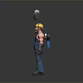 Cartoon Worker in Yellow Hard Hat Blue Overalls Holding Angle Grinder Welding Helmet and Sparks
