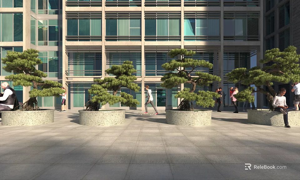 Modern Building Front with Trees in Circular Stone Planters and People Walking Around 3d model 