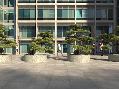 Modern Building Front with Trees in Circular Stone Planters and People Walking Around 3d model
