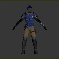 3D Character Model Wearing Blue Armor Helmet Shoulder Pads Brown Pants Gray Boots