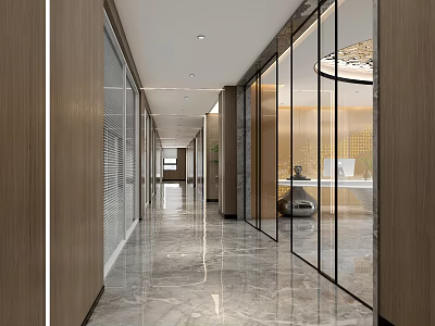 Modern Office Corridor With Glass Partitions Marble Flooring Wooden Walls And Contemporary Lighting 3d model