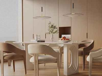 Modern Elegant Dining Table Set With Chairs Vase Fruits Cups Hanging Lights Wooden Wall 3d model